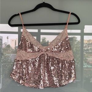 Free People Pink Lace and Sequin Cami